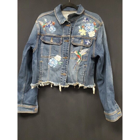 Hidden Jeans Jacket Embroidered Hummingbird Cropped Denim Large Boho - Anthro ✅ - Picture 1 of 9